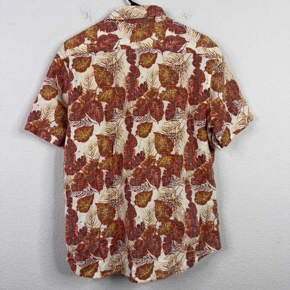 Banana Republic Shirt Mens L Brown Linen Blend Leaf Slim Short‎ Sleeve Tropical